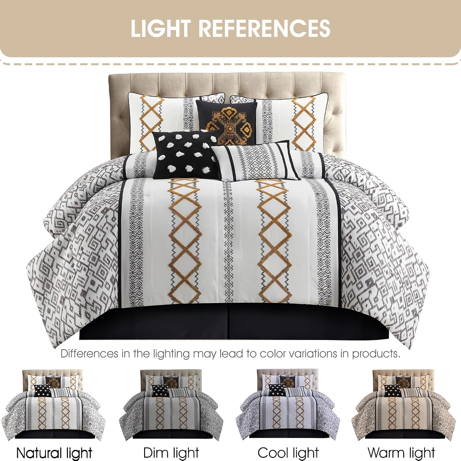 Grand Avenue Black Gold Comforter Set California King Size, 7 Piece Terry Embroidery All Season Bedding Set, Bedskirt, Pillows & Shams