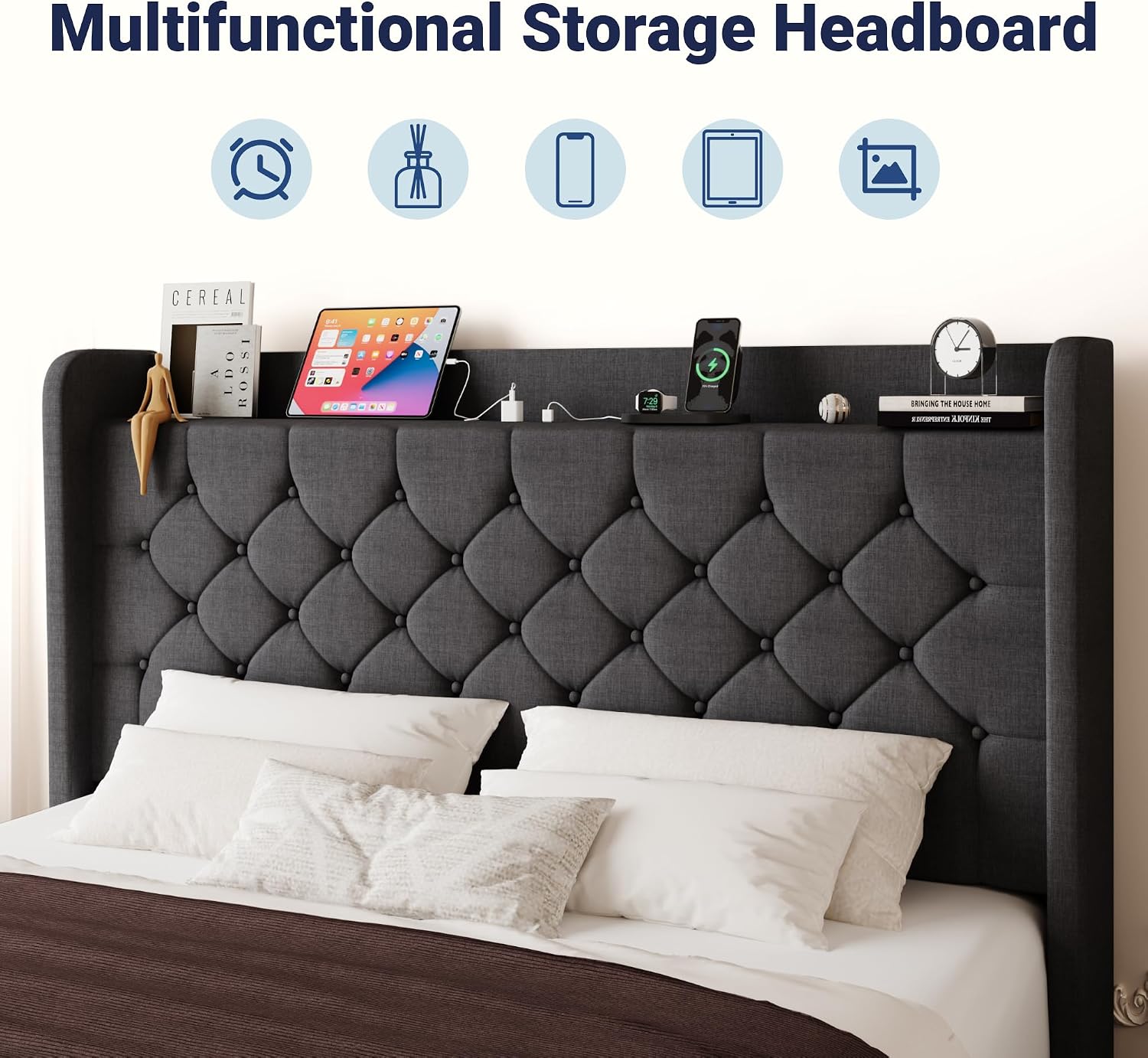Allewie Queen Size Bed Frame, Storage Headboard with Charging Station, Wingback Linen Upholstered, Diamond Stitched Button Tufted, Sturdy Wooden Slats, No Box Spring Needed, Easy Assembly, Dark Gray