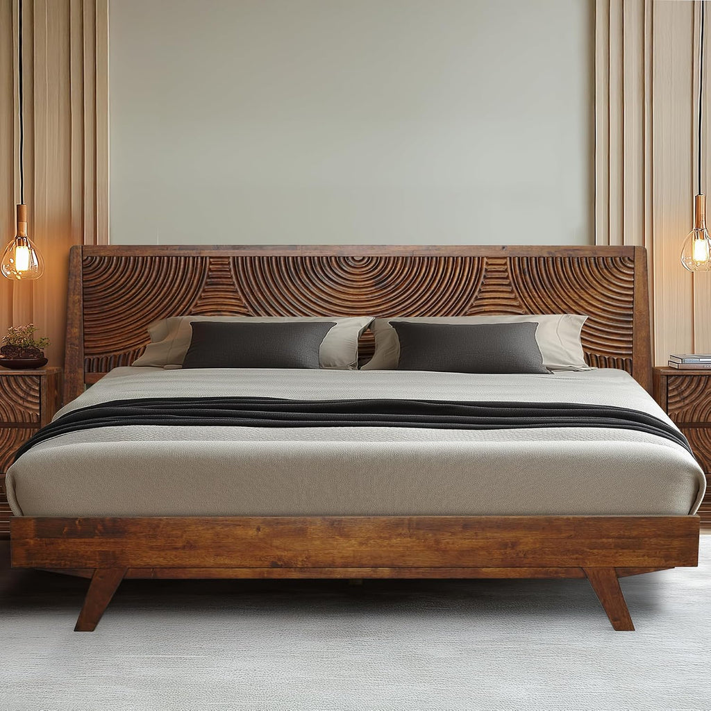 Acacia Harmony King Platform Bed Frame – Solid Rubber Wood, Walnut Finish, Mid-Century Modern Design, Natural Circular Wood Grain, 800lbs Support, No Box Spring Required, Easy Assembly