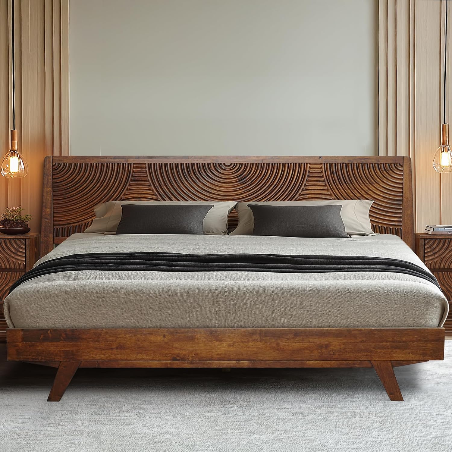 Acacia Harmony King Platform Bed Frame – Solid Rubber Wood, Walnut Finish, Mid-Century Modern Design, Natural Circular Wood Grain, 800lbs Support, No Box Spring Required, Easy Assembly