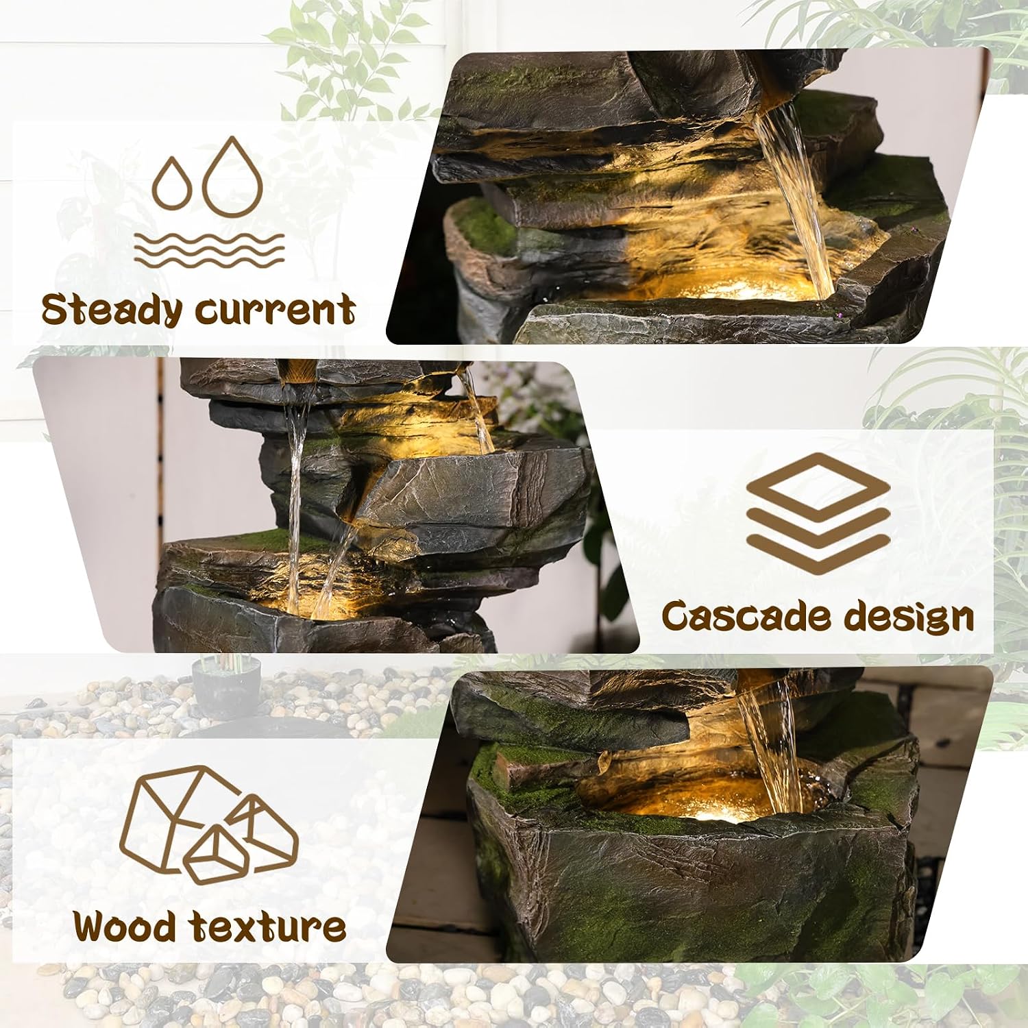 Sunlinua 48.6' H Outdoor Water Fountain with 6 Tiers Large Cascading Realistic Rock Waterfall Fountains with LED Lights Outdoor Water Fountain for Garden Patio Backyard Porch Home Decor