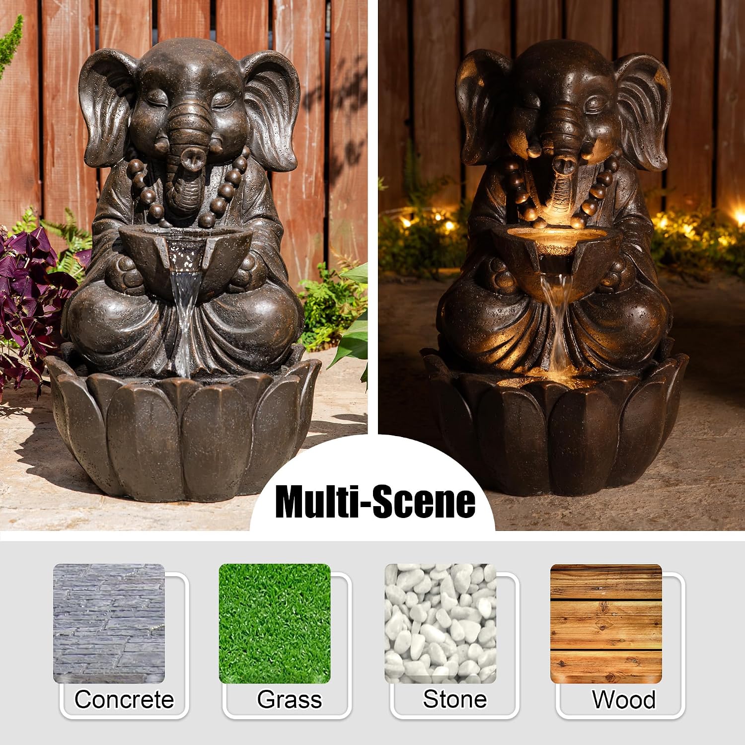 Glitzhome Outdoor Fountains, Water Fountains Outdoor with Lights&Pump, 21.75' H 2-Tiered Zen-Style Bronze Polyresin Elephant Garden Fountain Floor Standing Waterfall for Patio, Porch, or Yard Decor