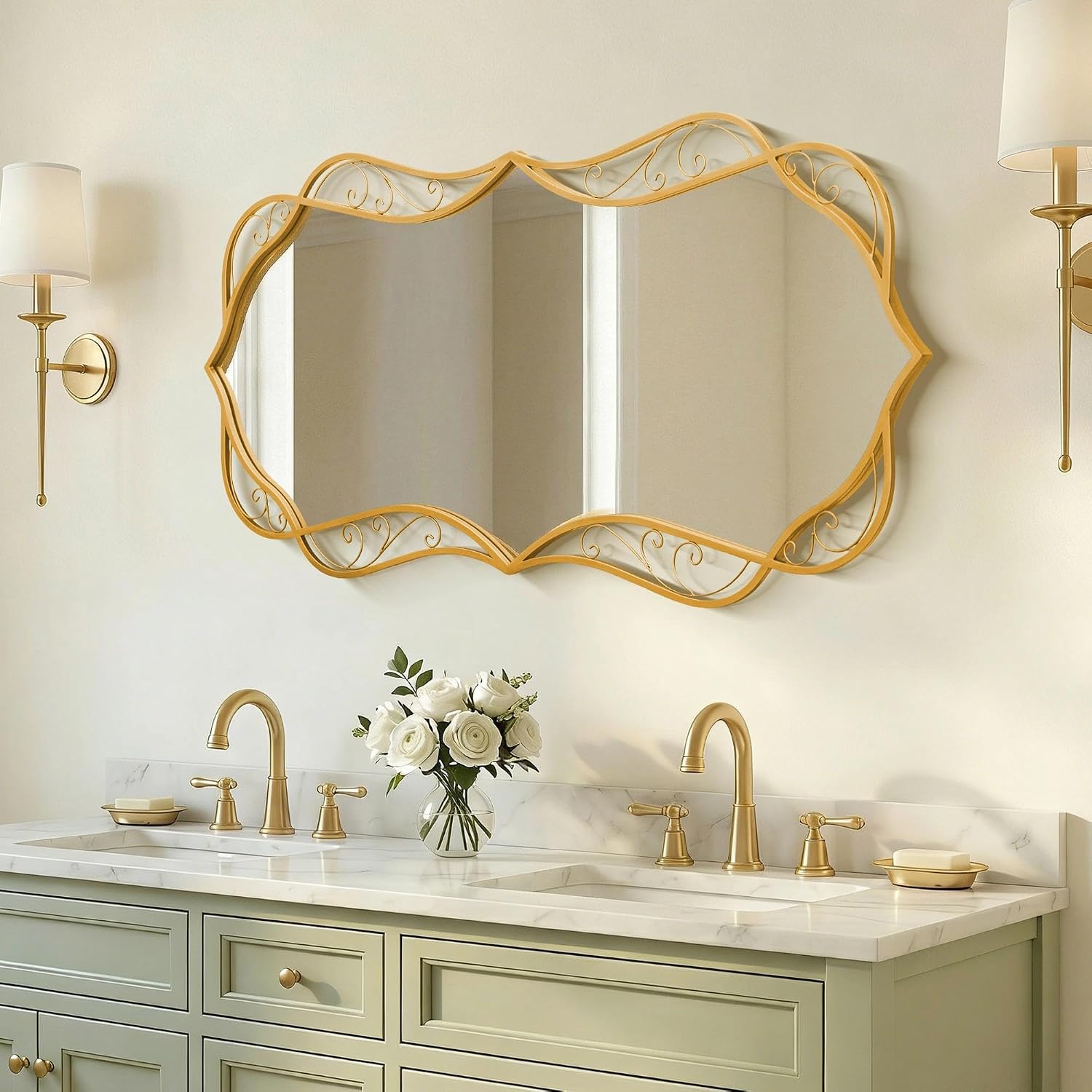 Besdomus Gold Bathroom Large Mirror: 24'x48' Scalloped Modern Large Vanity Mirror for Wall - Farmhouse Decorative Vertical or Horizontal Hanging - Wall Decor for Bathroom/Entryway/Bedroom/Living Room