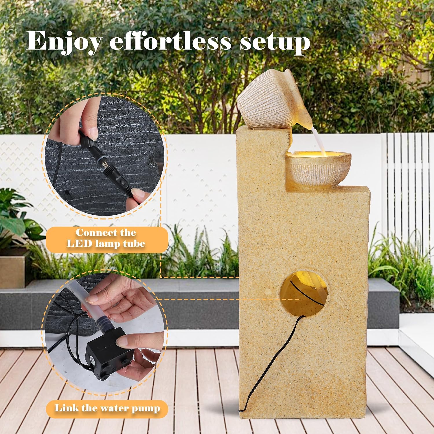 32' Outdoor/Indoor Garden Water Fountains, 4 Tiers Cascading Resin Fountains and Waterfalls with LEDs & Bowls, Modern Floor-Standing Patio Fountain for Porch, Deck, Yard (Bright Yellow)