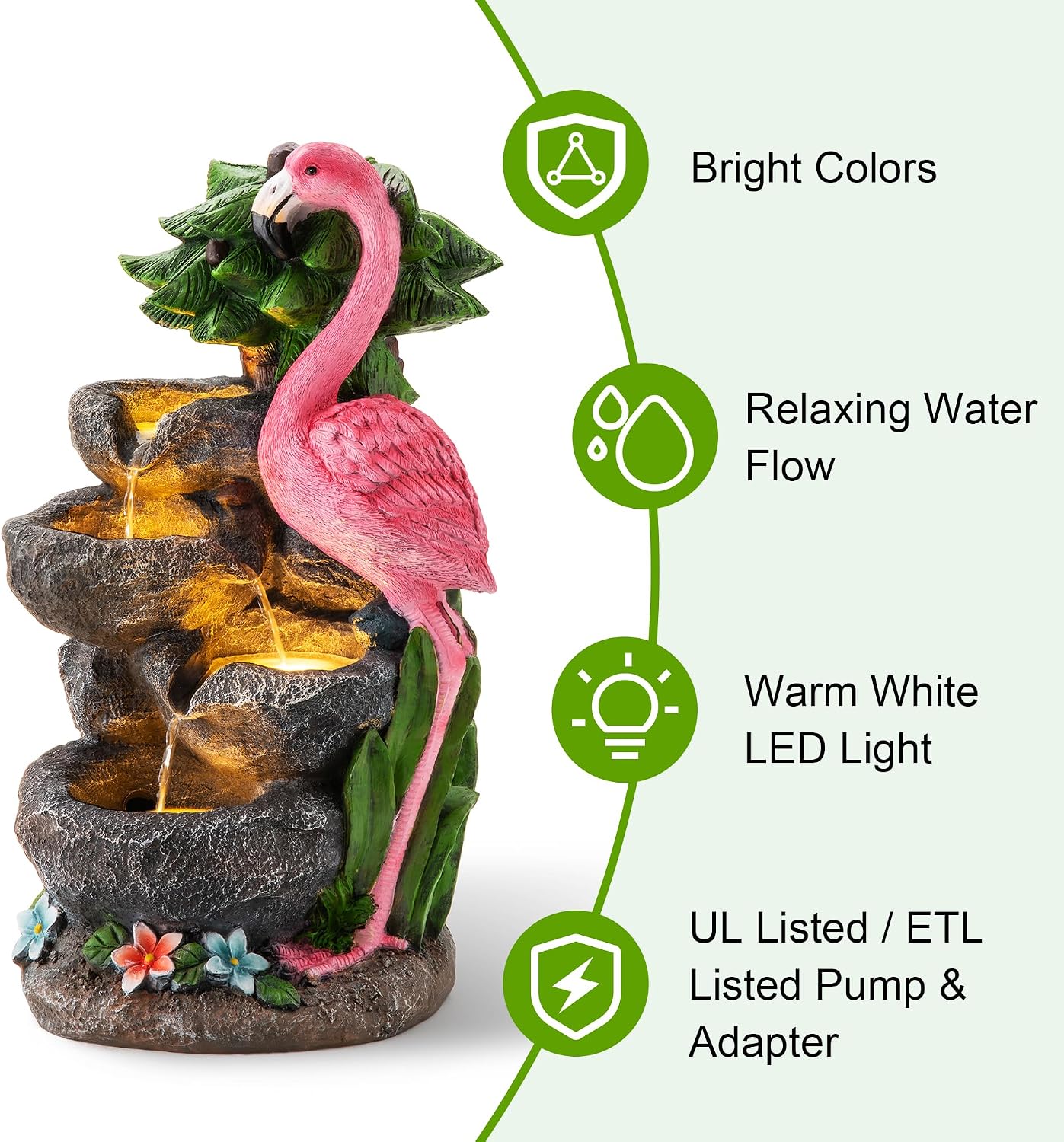 Glitzhome Outdoor Water Fountain, 4-Tiered Flamingo Outdoor Fountain with Lights, 23.5' H Polyresin Decorative Waterfall Feature Garden Fountain with Pump for Garden, Patio, Yard, Deck, Porch Decor