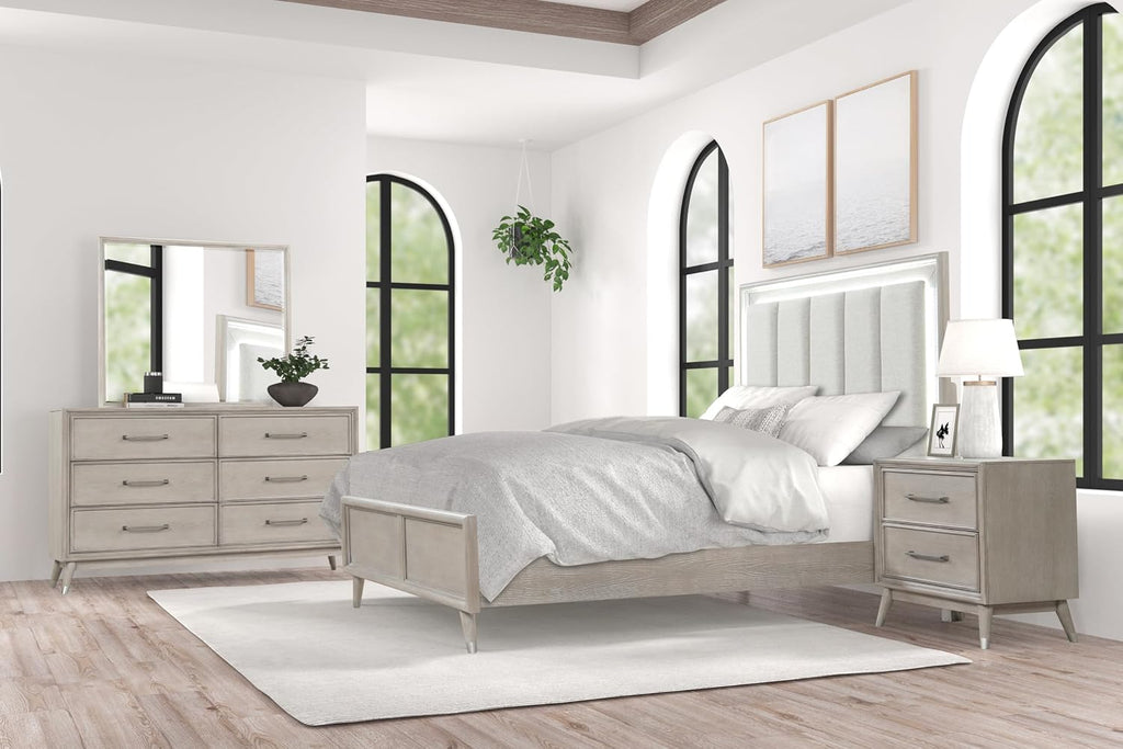 Roundhill Furniture Seluna 5-Piece Bedroom Set with Touch LED Lighting, Gray Oak Finish, Queen