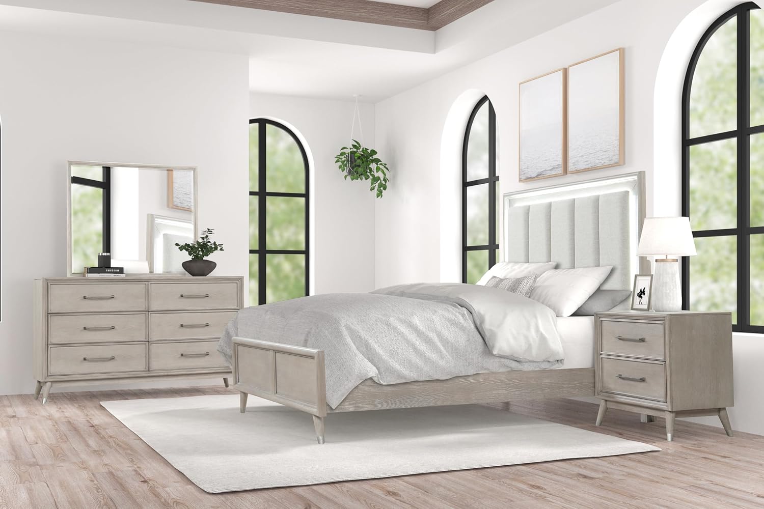 Roundhill Furniture Seluna 5-Piece Bedroom Set with Touch LED Lighting, Gray Oak Finish, Queen