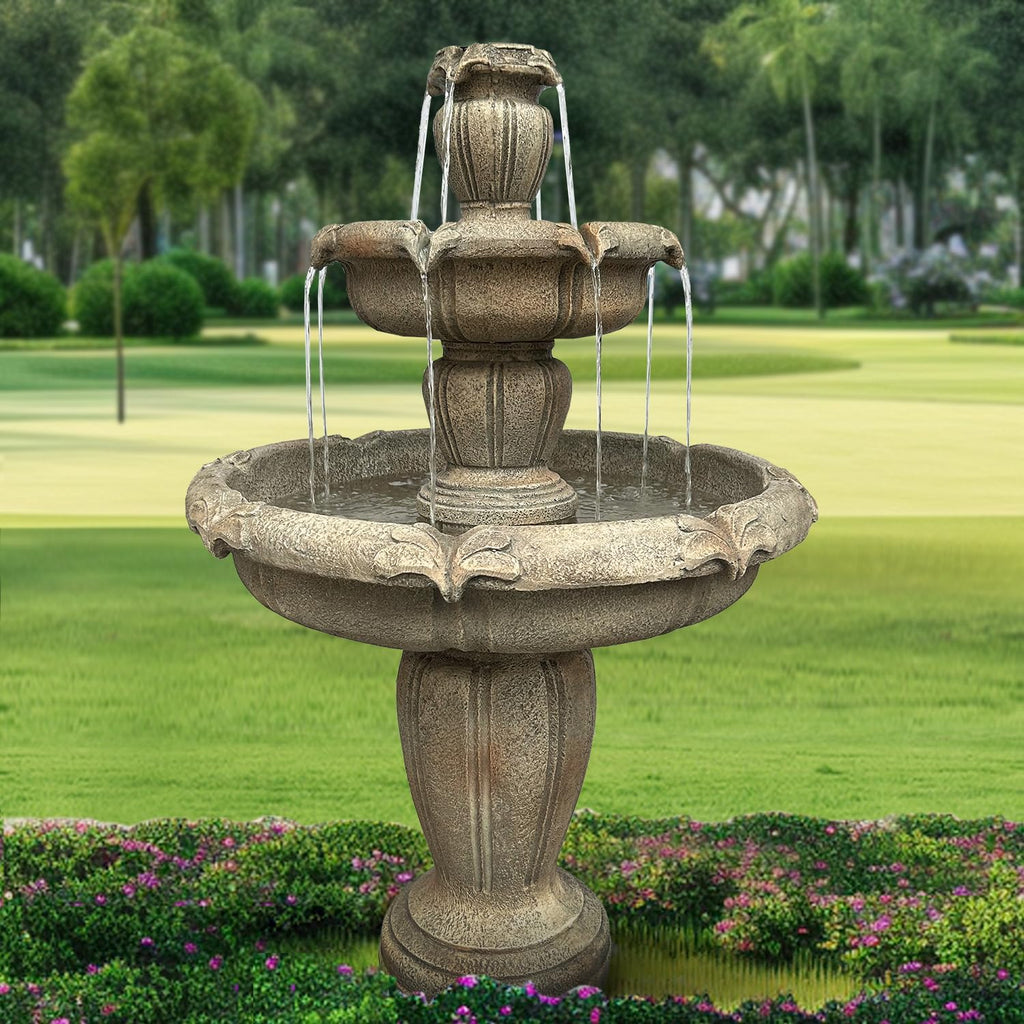 48' H Outdoor Floor Water Fountain, 3-Tiers Concrete Water Fountain with Submersible Electric Pump - Garden Cascading Waterfall for Yard Patio Lawn Home Decor