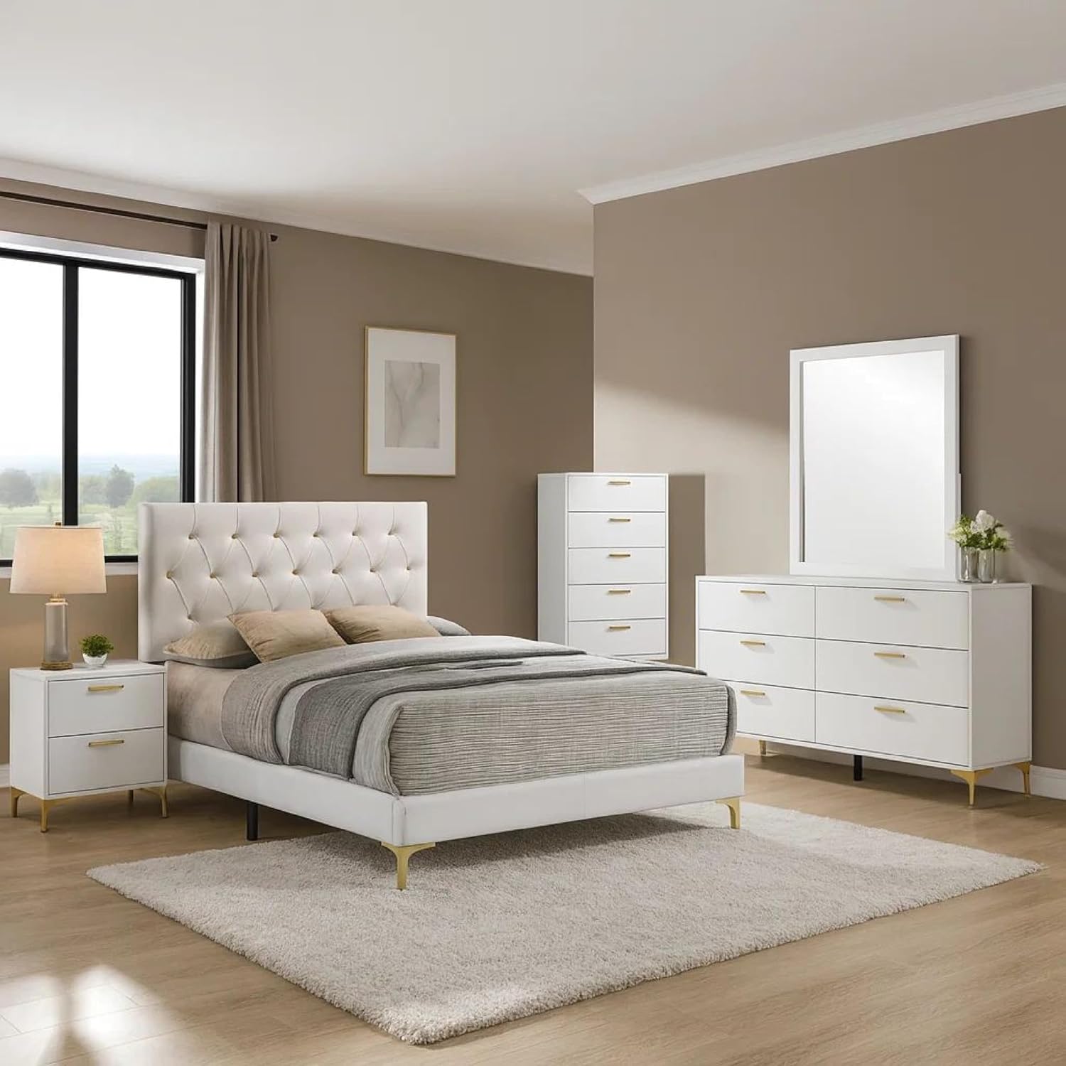 Benzara Dle 5 Piece Queen Bedroom Set, White Faux Leather, Modern Gold Accents