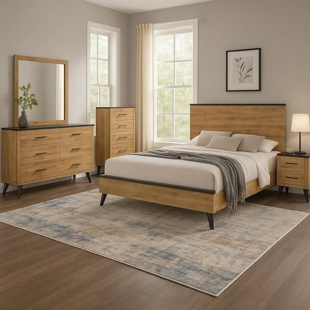 Benzara Wemy 5 Piece Queen Size Bed Set, Rustic Brown Pine Wood, Tapered Legs