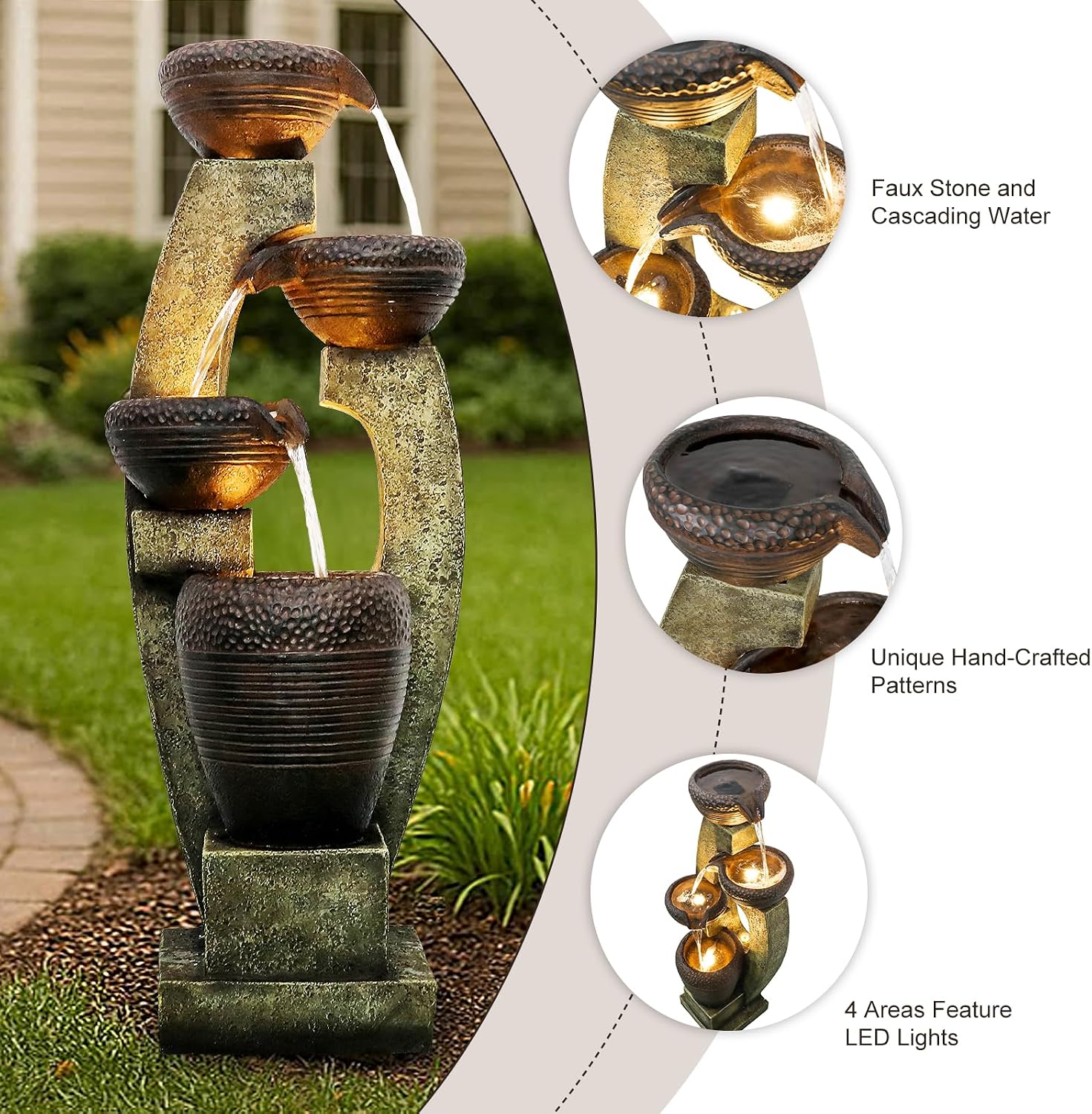 Naturefalls 40' Tall Outdoor Water Fountain and Waterfalls - Large Garden Fountain with LED Lights, 4-Tier Crocks, Indoor and Outdoor Fountains for Garden, Patio, Deck, Porch, Backyard and Home, Gray