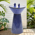 28' Tall Ceramic Outdoor Fountain and Waterfalls, Patio Fountain with LEDs, Birdbath for Outside, Soothing Water Feature for Relaxing Front Porch, Garden, Backyard, Cobalt Blue, 2KD Birds