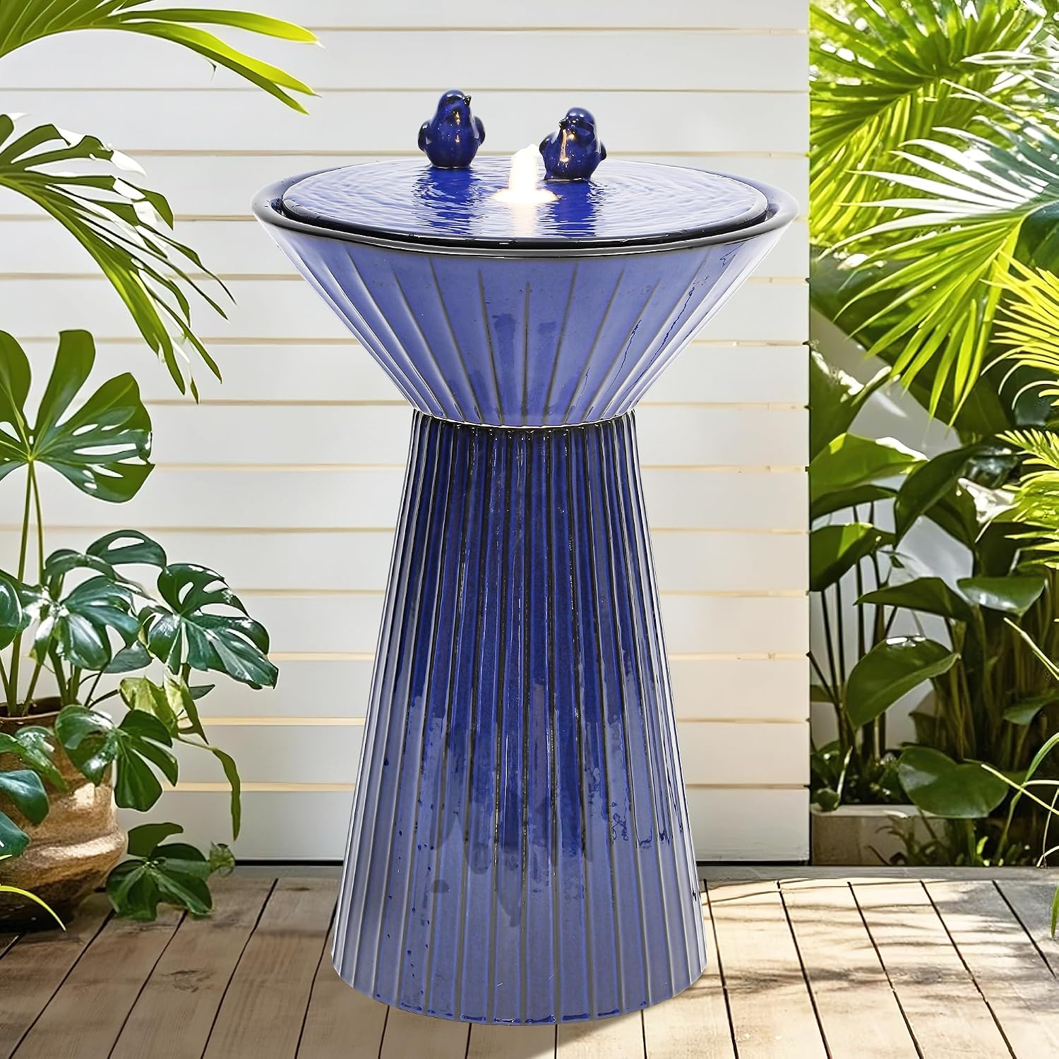 28' Tall Ceramic Outdoor Fountain and Waterfalls, Patio Fountain with LEDs, Birdbath for Outside, Soothing Water Feature for Relaxing Front Porch, Garden, Backyard, Cobalt Blue, 2KD Birds
