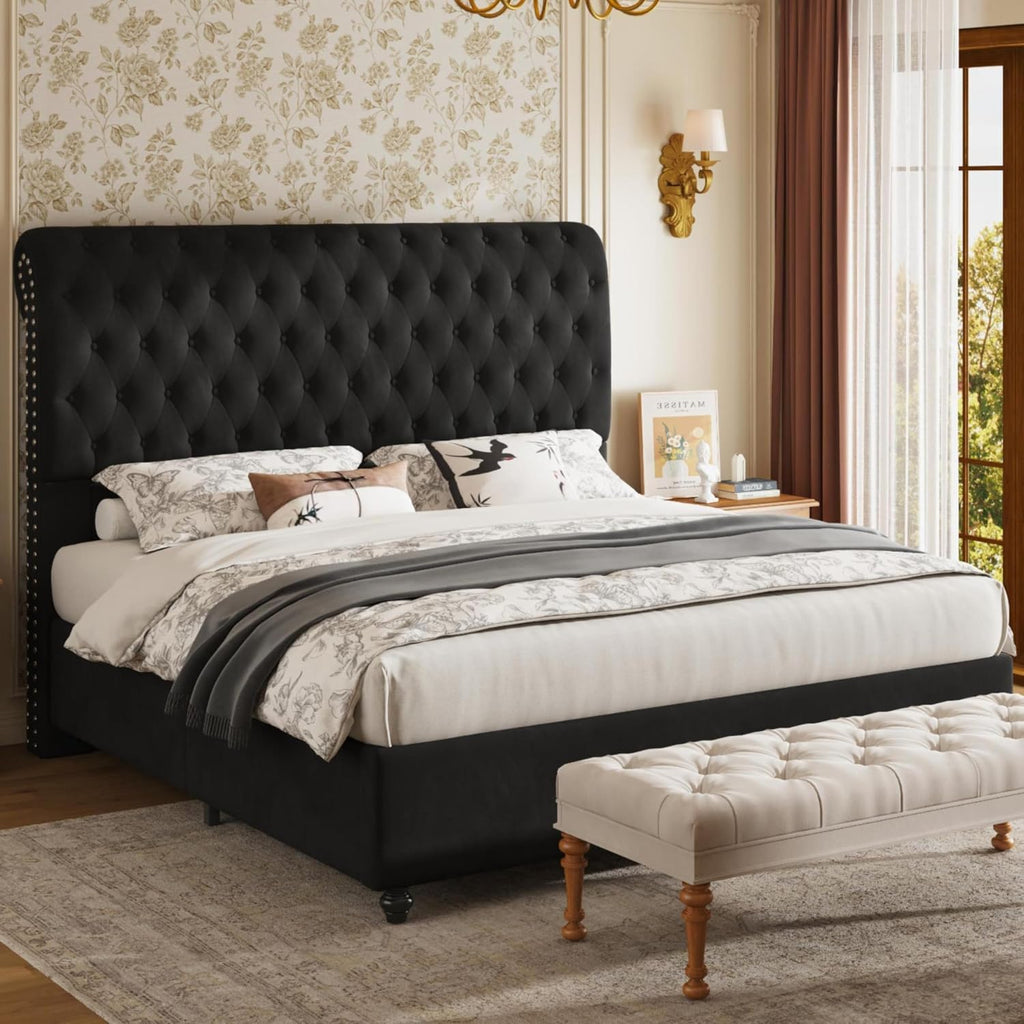 Jocisland Queen Bed Frame with 53' Tall Headboard, Velvet Upholstered Platform Sleigh Bed with Button Tufted, Solid Wood Legs, No Box Spring Needed, Easy Assembly, Black