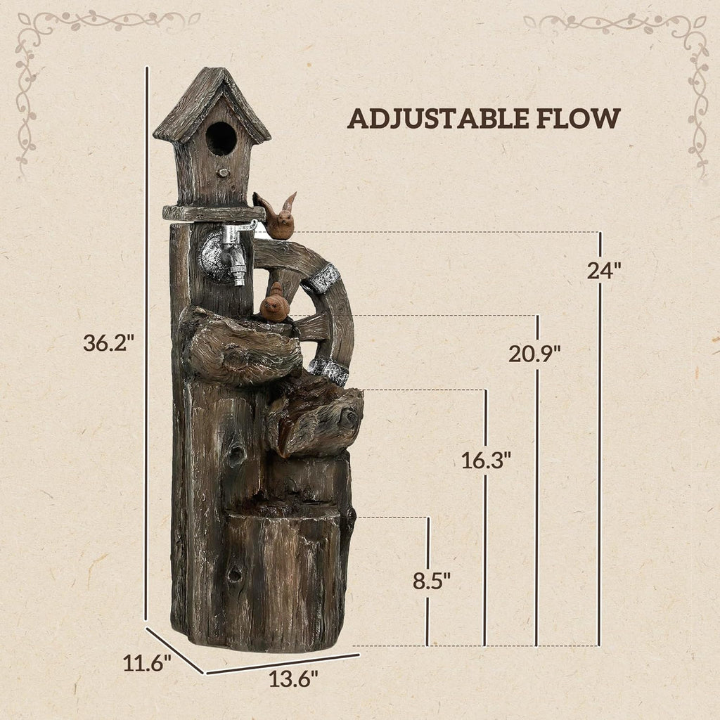Outsunny Outdoor Water Fountain, Decorative Garden Birdhouse, 3-Tier Cascading Waterfall with LED Lights and Water Wheel, Soothing Tranquility for Home Garden, Yard Decor