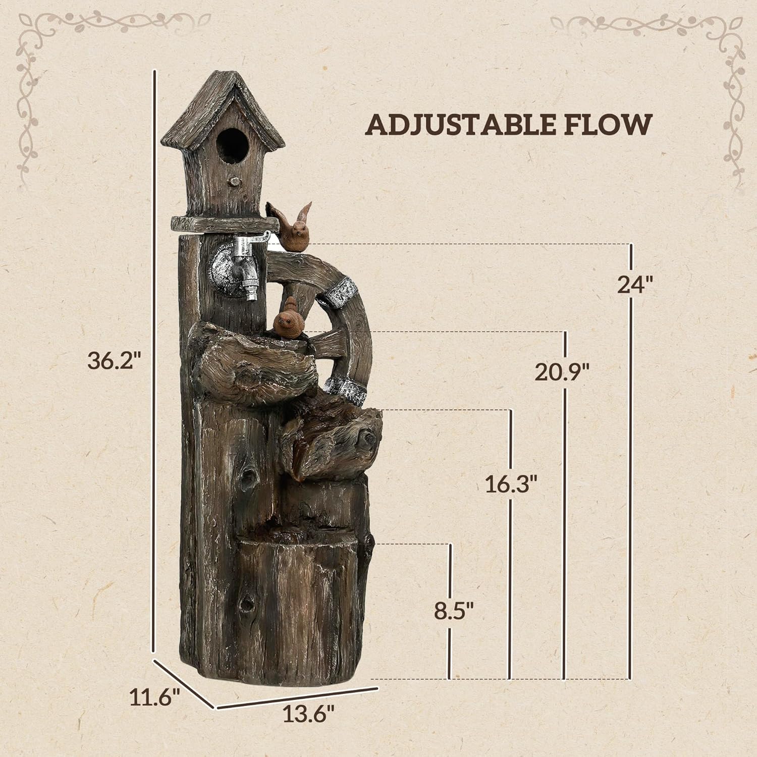 Outsunny Outdoor Water Fountain, Decorative Garden Birdhouse, 3-Tier Cascading Waterfall with LED Lights and Water Wheel, Soothing Tranquility for Home Garden, Yard Decor