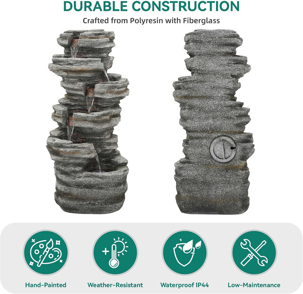 6-Tier Rock Outdoor Water Fountain, 40in Tall Oversized Fountains for Outside, Relaxing Cascading Waterfall for Tranquil Outdoor Garden Patio Garden Backyard Oasis