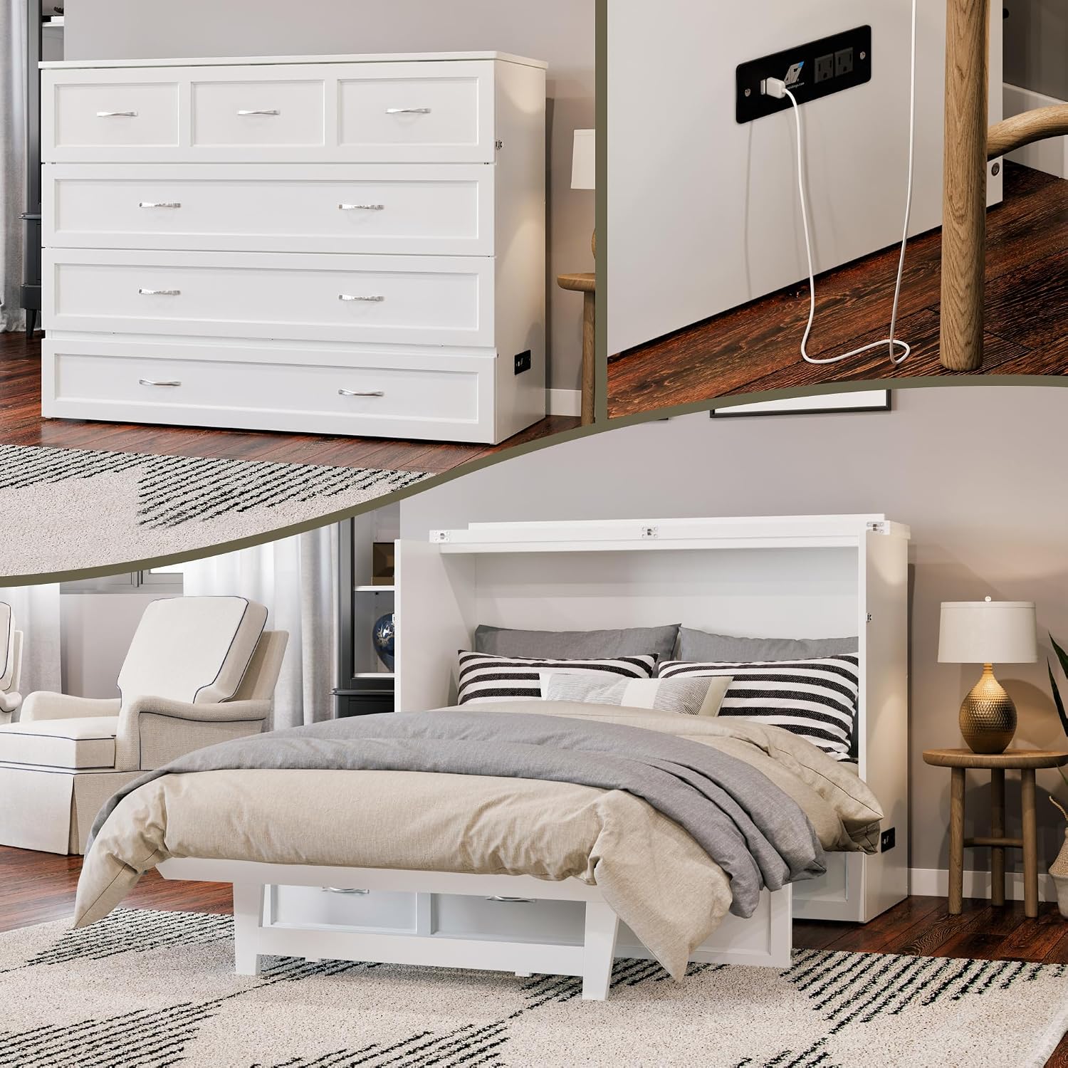 AFI, Northfield Murphy Bed Chest Full with 6' Mattress, Storage Drawer & Built-in USB Charger, White