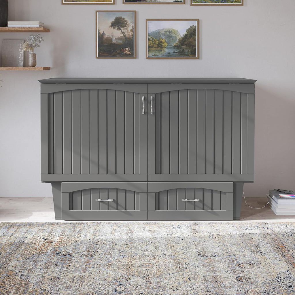 AFI, Nantucket Queen Murphy Bed Chest with Mattress, Storage Drawer and Built-In USB Charger, Grey