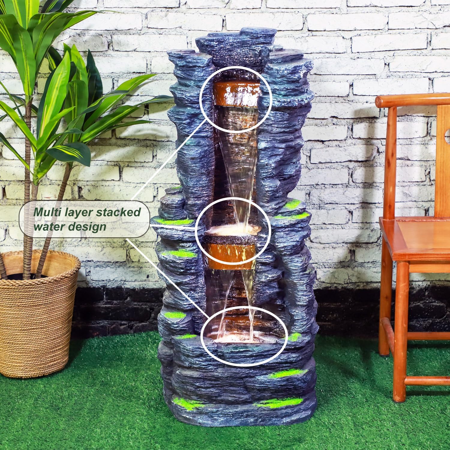 Outdoor Decorative Garden Fountain with LED Lights,Featuring a 39.37-Inch Cascading Garden Waterfall Scenery
