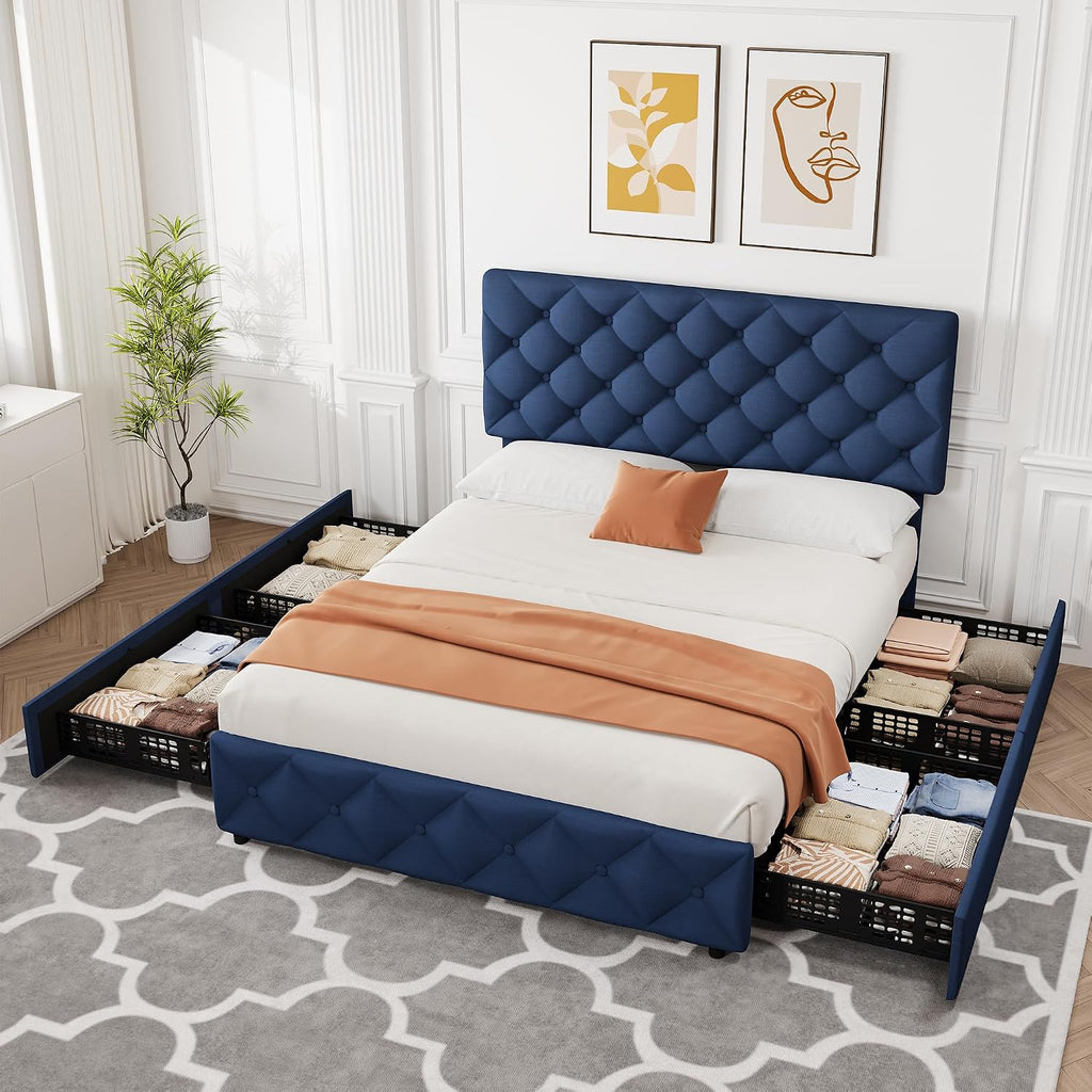 IDEALHOUSE Full Size Bed Frame with 4 Storage Drawers and Adjustable Headboard, Linen Upholstered Platform Beds, Diamond Stitched Button Tufted, No Box Spring Needed, Blue
