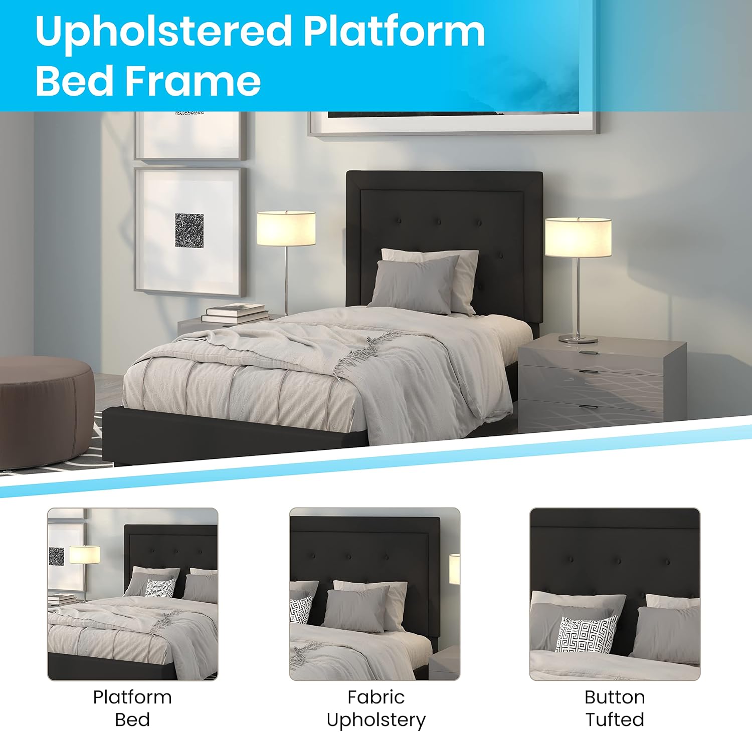 Flash Furniture Roxbury Twin Size Tufted Upholstered Platform Bed in Black Fabric