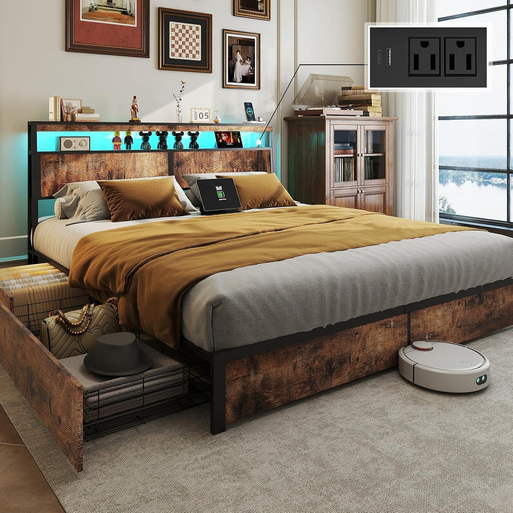 Fabulis King Size Bed Frame with 4 Storage Drawers and Headboard with Charging Station and LED Lights,2 Tier Solid Wood Headboard Storage,Noise Free,Easy Assembly, Vintage Brown