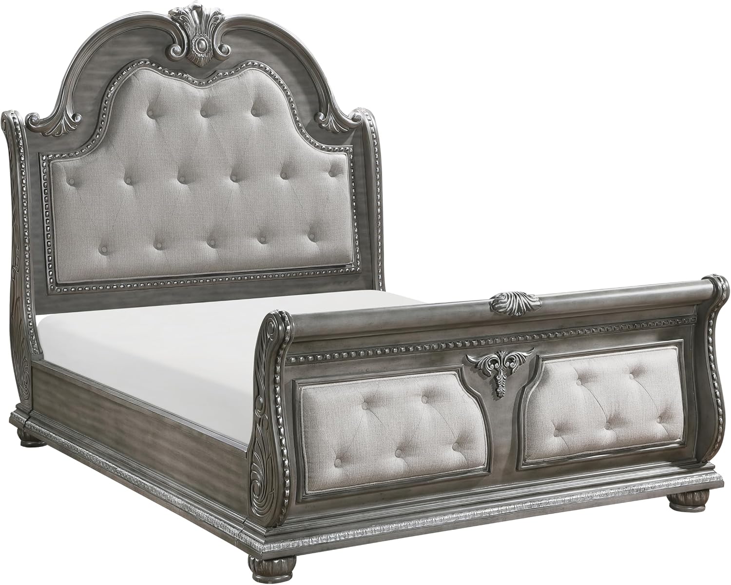 Traditional Style 5-Piece Queen Size Formal Bed Set Gray Finish Carving Wood Luxury Bedroom Furniture