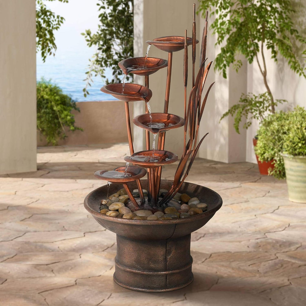 Ashton Water Lilies and Cat Tails 33' High Large Asian Indoor Outdoor Cottage Core Decor Resin Floor Fountain Standing Waterfall Tiered Water Feature for Outside Garden Patio Yard - John Timberland