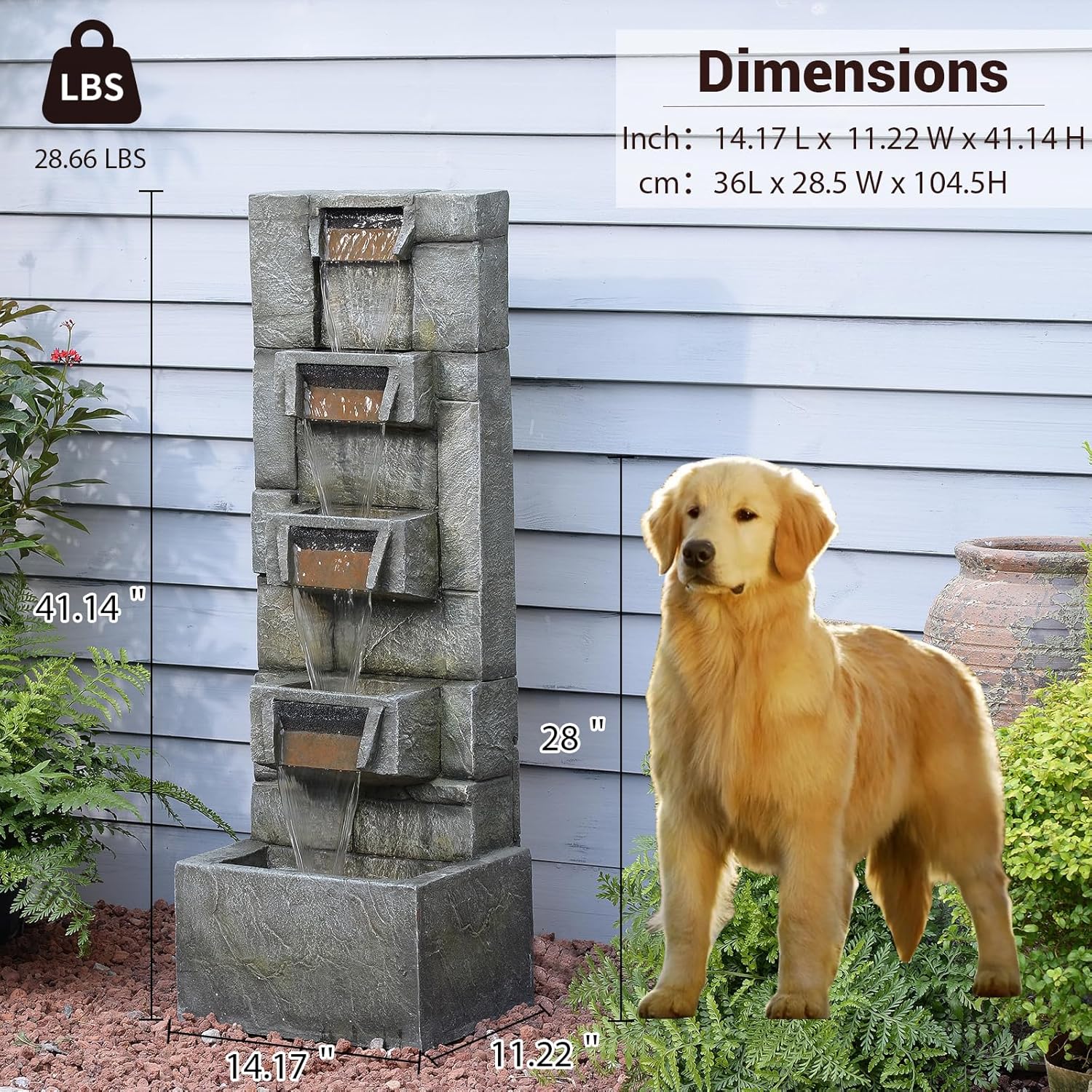 Outdoor Waterfall Fountain with LED Lights, 41' Tall Stone-Look Cascading Water Feature for Home Décor, Realistic Flowing Water Sound for Relaxation, Freestanding Indoor/Outdoor Fountain