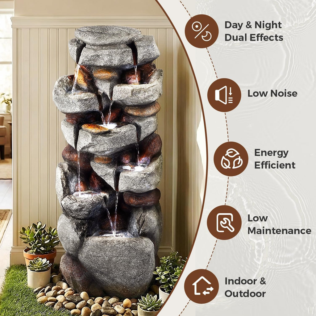 40' H Outdoor Water Fountain, Cascading Rock Waterfall Fountain with 6 White LED Lights, 7-Tiers Large Water Feature for Outdoor, Garden Water Fountain for Patio, Yark, Deck, Porch, Home Decor