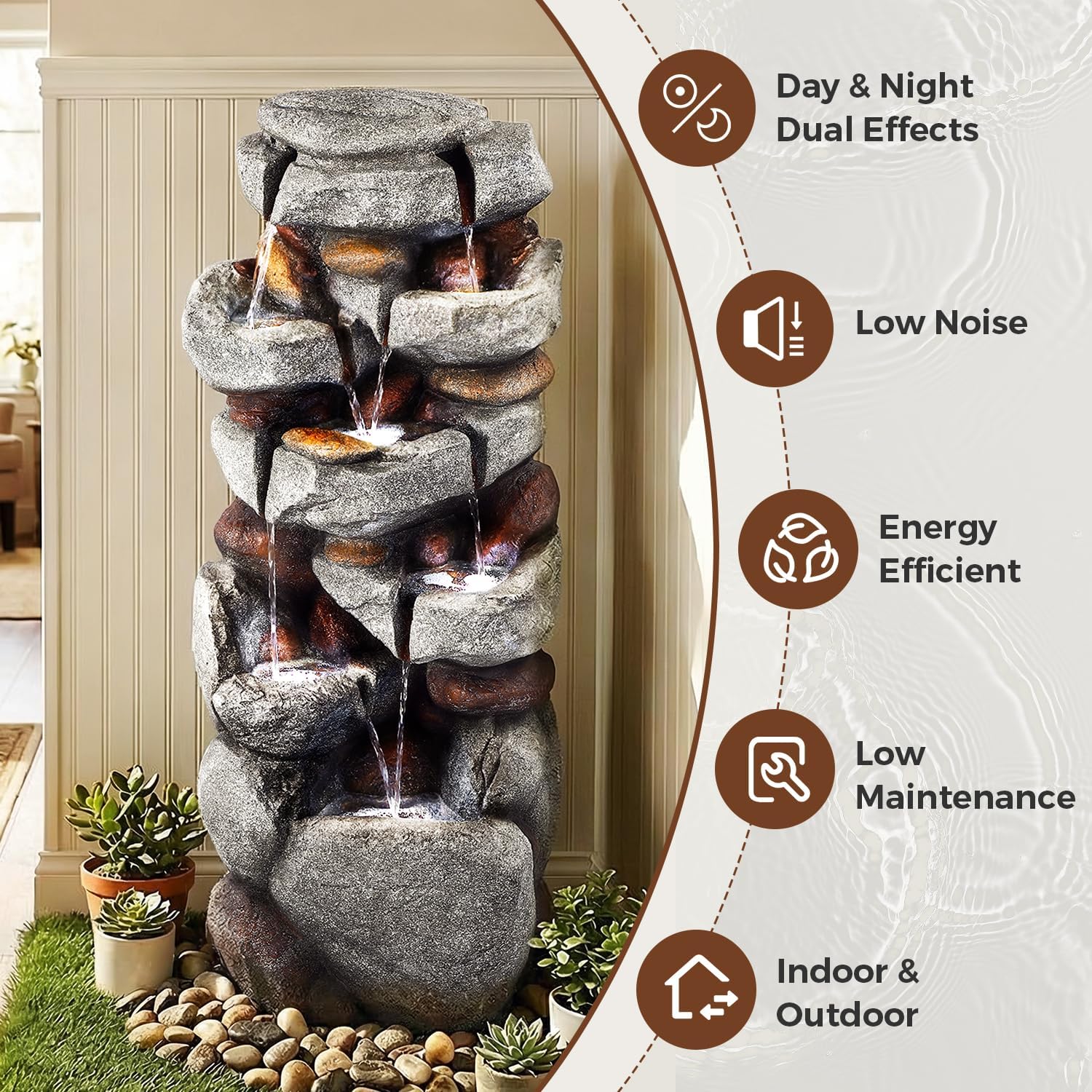 40' H Outdoor Water Fountain, Cascading Rock Waterfall Fountain with 6 White LED Lights, 7-Tiers Large Water Feature for Outdoor, Garden Water Fountain for Patio, Yark, Deck, Porch, Home Decor
