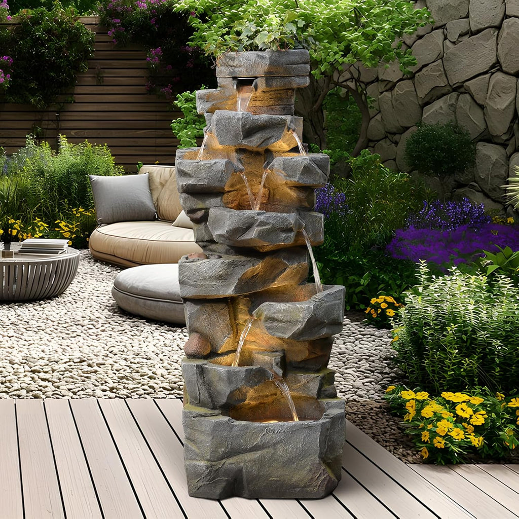 58Inch Outdoor Garden Water Fountain 6 Tiers Large Cascading Rock Natural Waterfall Outdoor Fountain with LED Lights for Patio Porch Backyard Home Art Decor