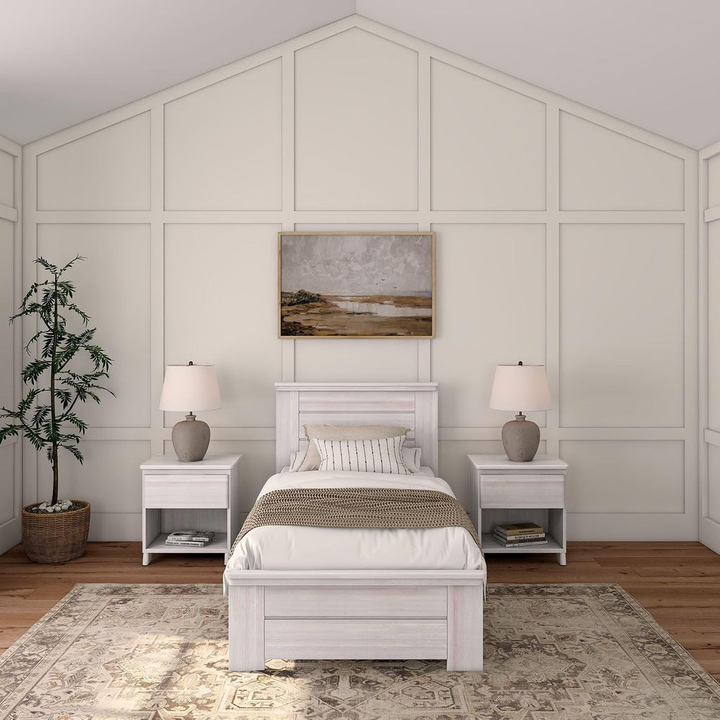 Plank+Beam Rustic Wood Twin Bed Frame, Platform Bed with Headboard, Solid, White Wash
