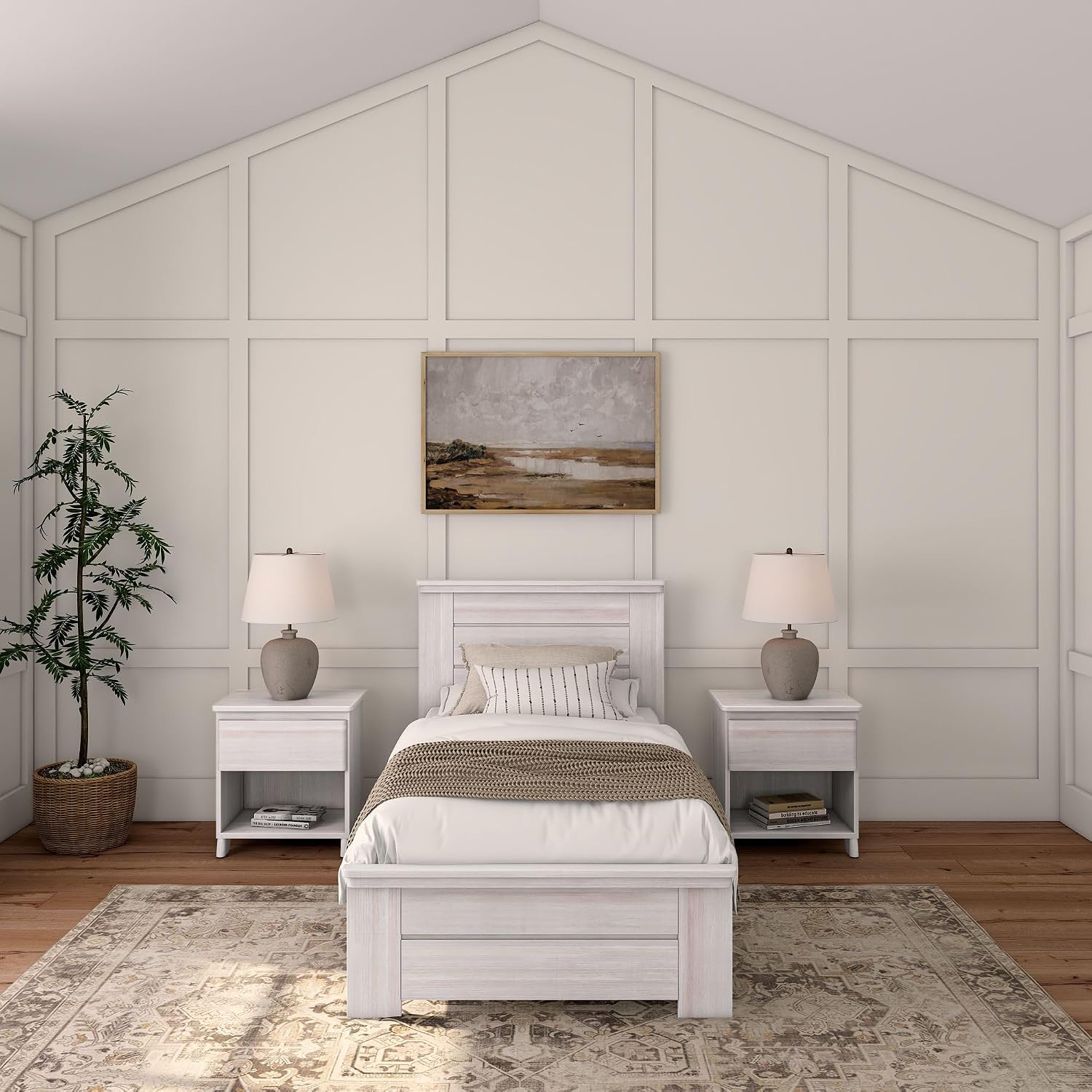Plank+Beam Rustic Wood Twin Bed Frame, Platform Bed with Headboard, Solid, White Wash