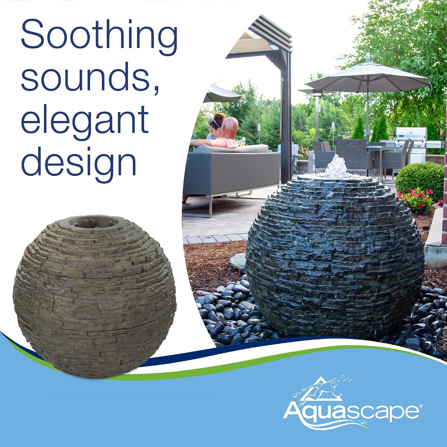 Aquascape Stacked Slate Sphere Fountain, 24 Inch Diameter 61 cm, Lightweight Fiber-Resin Composite Decorative Water Feature, Includes Tubing for Easy Setup, 78287