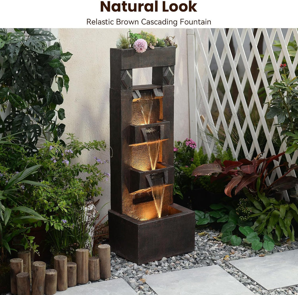 Bumilgar 40.9' H 4-Tier Indoor/Outdoor Modern Water Fountain with Led Lights and Pump, Outdoor Freestanding Cascading Waterfall - Suitable for Garden, Patio, Porch, Yard and Outdoor Decor (Brown)