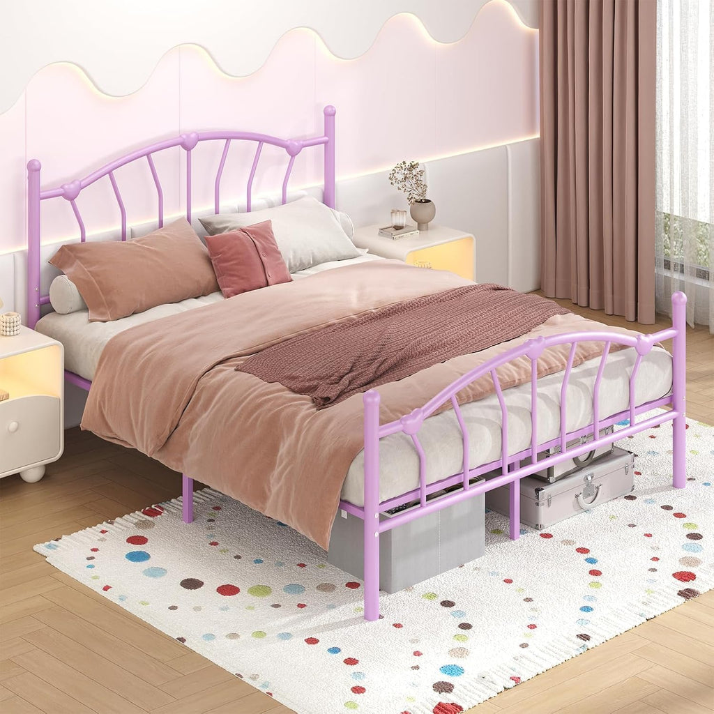 IMMERSTABLE Queen Bed Frame, Heart-Shaped Headboard Metal Platform Bed for Guest Room Bedroom, 12.5' Under Bed Storage, 800LBS Heavy Duty, Noise-Free, No Box Spring Needed, Easy Assembly, Purple