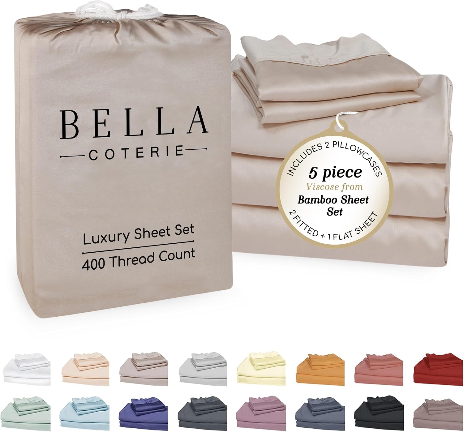 Bella Coterie Luxury Bamboo Viscose Split King Size Sheet Set | 2 Fitted Sheets for Sleep Number & Adjustable Beds | 100% Organically Grown | Cooling & Ultra Soft | 18' Deep Pocket [Dune]