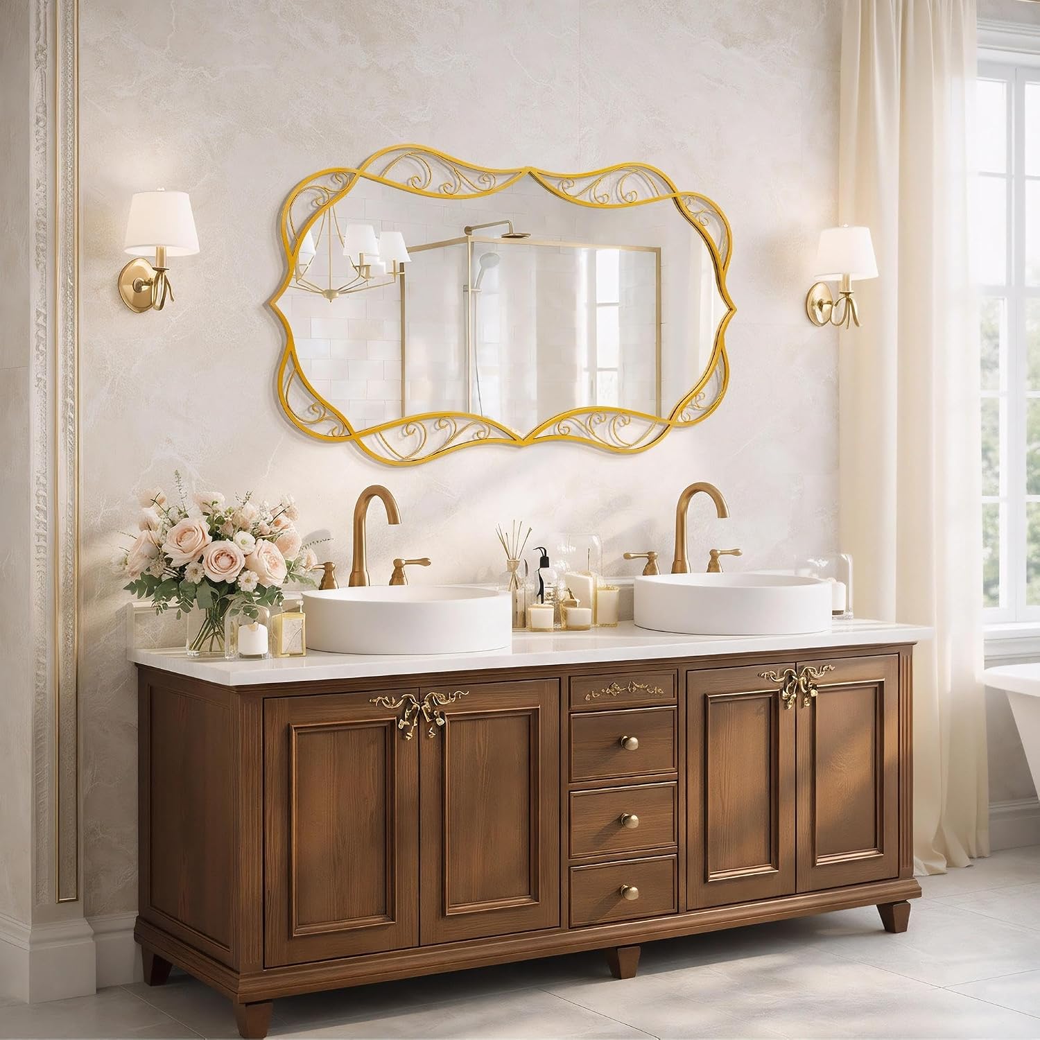 Besdomus Bathroom Gold Wall Mirror: 30'x48' Scalloped Modern Large Wall Mounted Mirror - Farmhouse Vanity Mirror Vertical or Horizontal Hanging - Home Decor for Bathroom/Living Room/Entryway