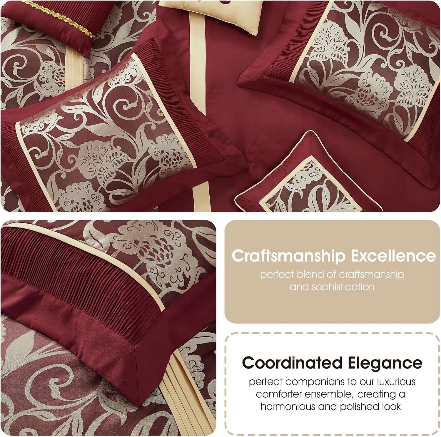 Stratford Park Red and Gold Comforter Set Queen Size, 9 Piece Jacquard Floral Bedding Set, All Season, Ultra-Soft, Matching Pillows & Shams, Bed Skirt, Curtains