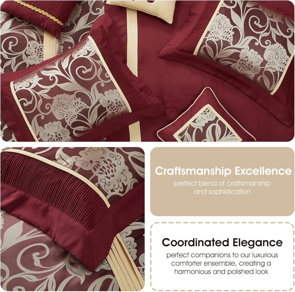 Stratford Park Red and Gold Comforter Set California King Size, 9 Piece Jacquard Floral Bedding Set, All Season, Ultra-Soft, Matching Pillows & Shams, Bed Skirt, Curtains
