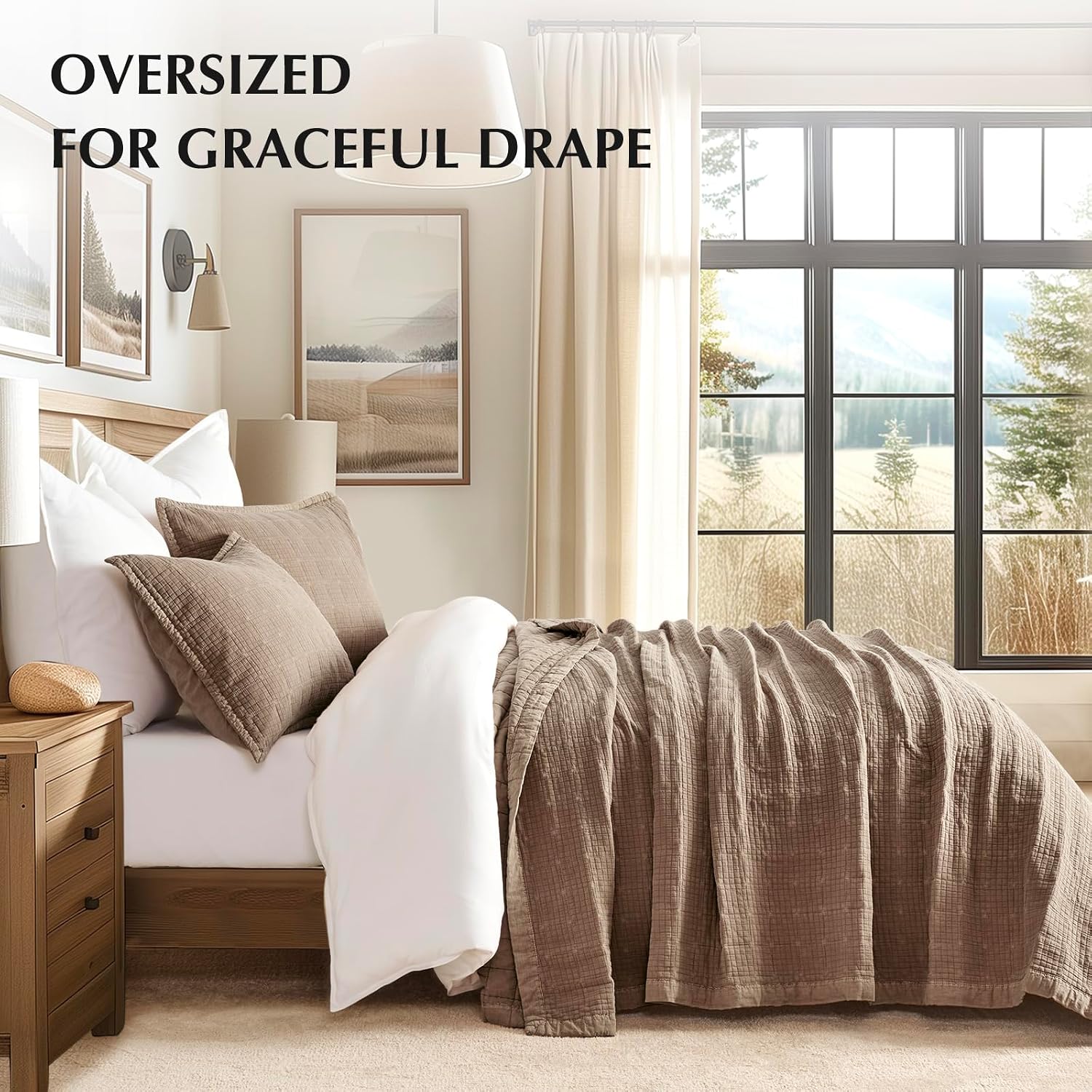 EVERGRACEHOME Stonewashed Cotton Quilt Set Full Queen Size, Ultra Soft Oversized Bedspread Coverlet Set, Lightweight Crinkle Box Stitch Bedding Sets for All Season, with 2 Shams, Mocha Brown