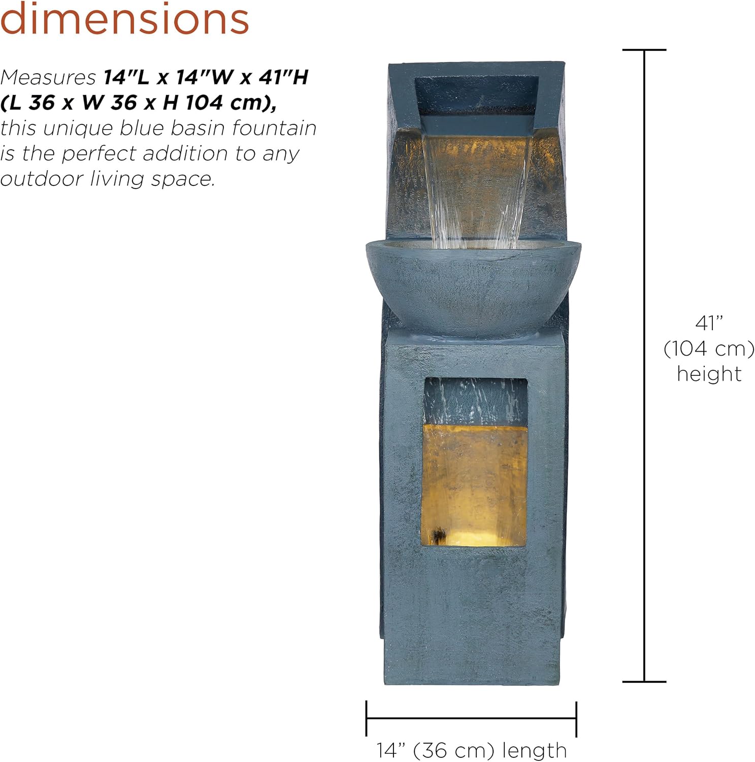 Alpine Corporation 41' Tall Outdoor Basin Waterfall Floor Fountain with LED Lights for Garden, Patio, Lawn and Backyard Decor, Gray