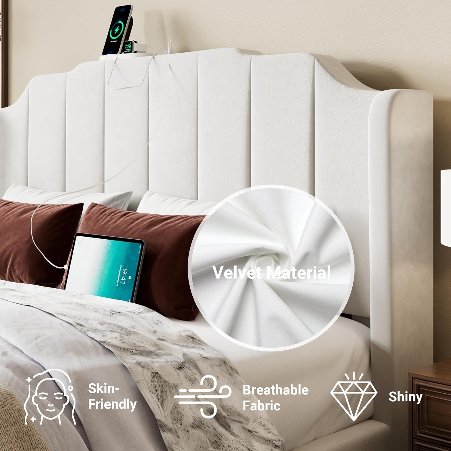 Allewie Vintage Full Size Velvet Platform Bed Frame with Curved Vertical Tufted Wingback Headboard and Footboard, Charging Station, Easy Assembly, Under Bed Storage, No Box Spring Required, White