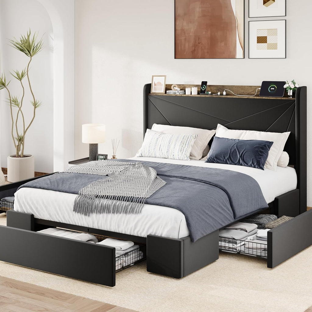 Allewie Queen Size Velvet Bed Frame with 3 Storage Drawers, Upholstered Platform Bed with Wingback Storage Headboard and USB Ports, No Box Spring Needed, Easy Assembly, Black
