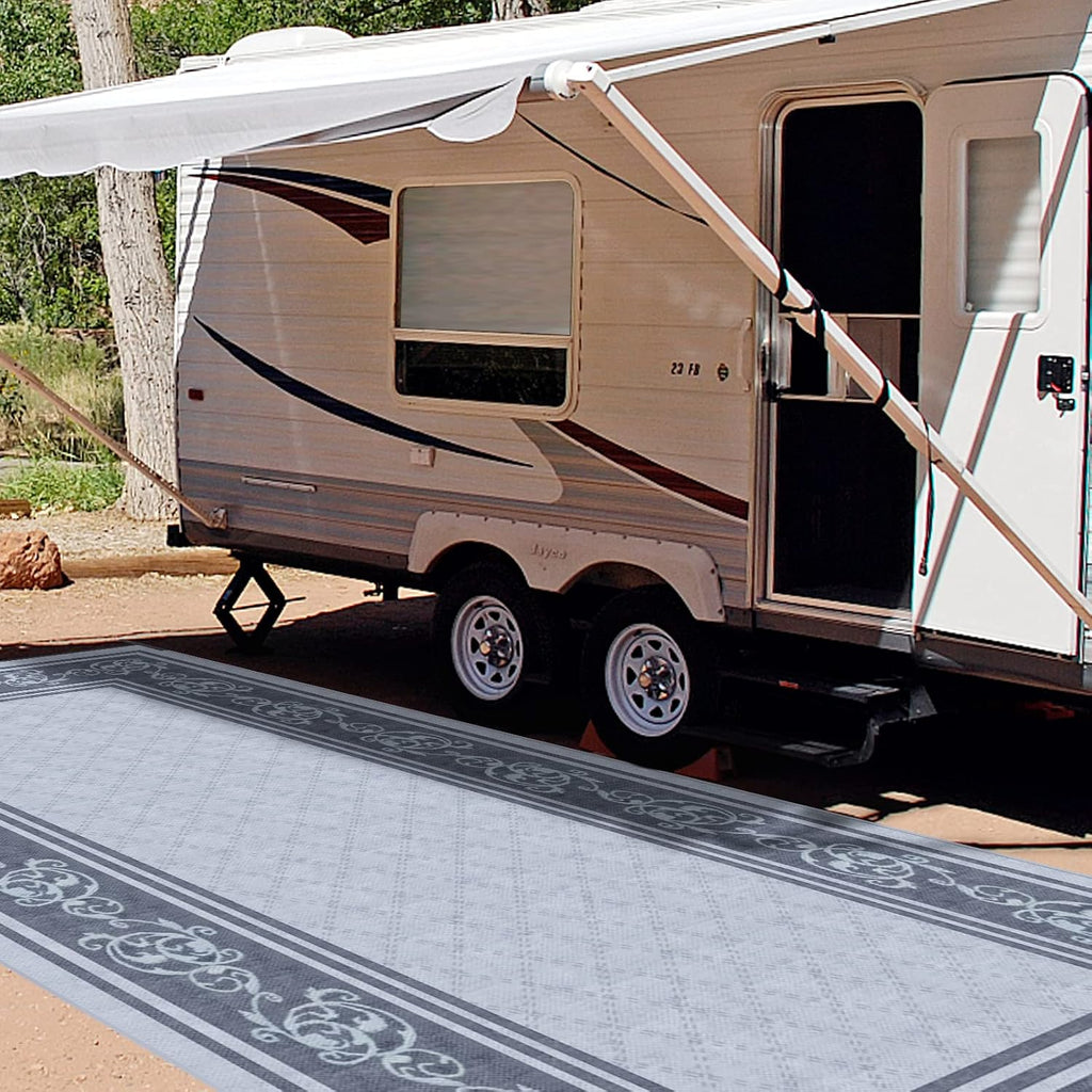 EEZ RV Products 9ft x 18ft Heavy Duty Reversible/Durable Outdoor Patio/RVing Camping Mats Come with Large Storage Bag & 6 Sets of Stakes and Washer, Vine Grey