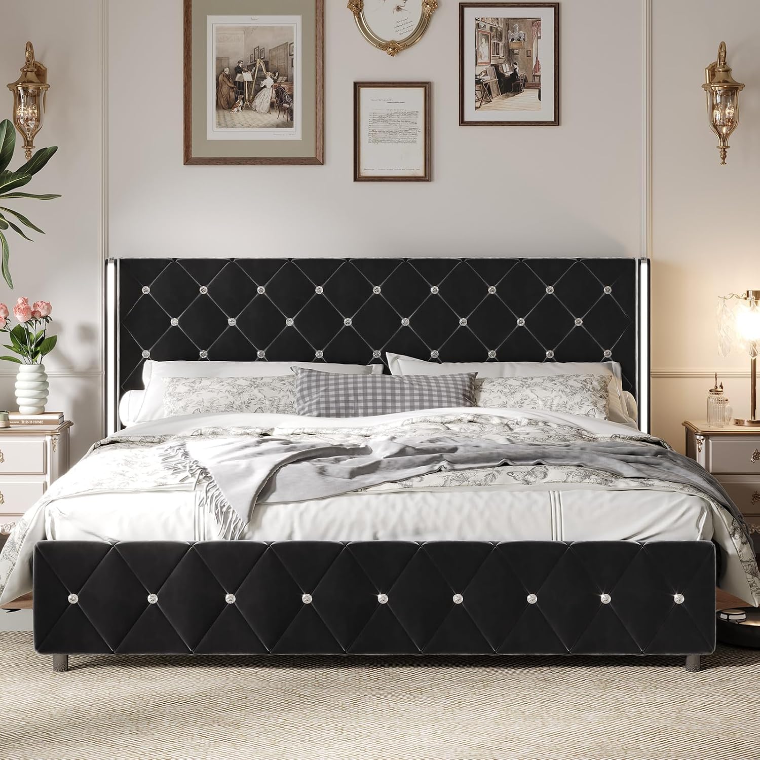 HOMBCK King Size Bed Frame Black, Velvet Upholstered Bed Frame King with Diamonds Tufted Headboard and Footboard, Wooden Slats Support, No Box Spring Needed, Easy Assembly, Black