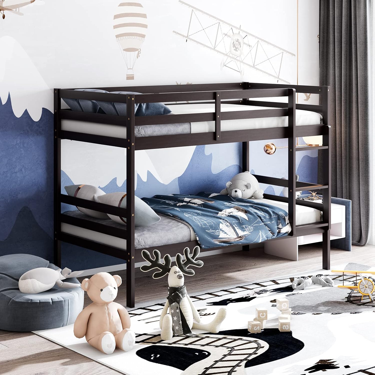 KOMFOTT Wood Bunk Bed Twin Over Twin, Bunk Bed with Ladder & Safety Guardrail, Solid Wood Bed Frame, Ideal for Dormitory & Multiple-Child Family, No Box Spring Needed, Kids Twin Bed