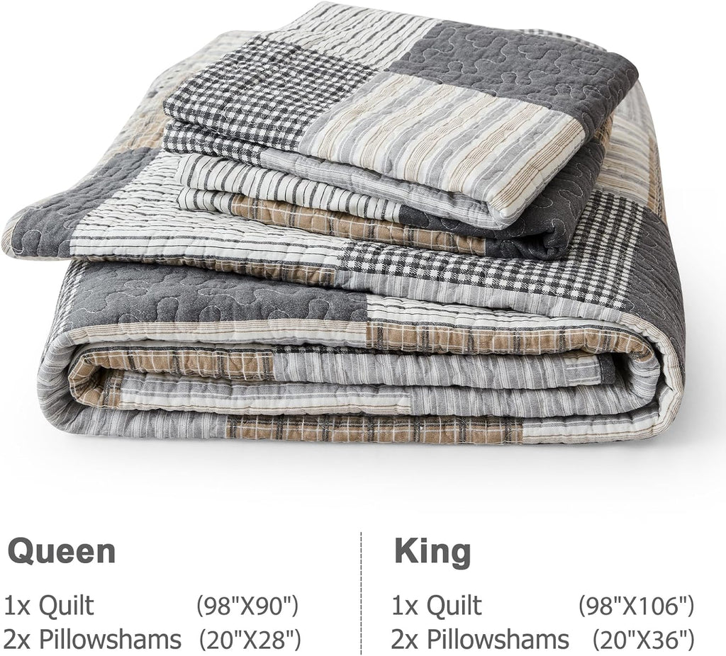 Finlonte King Quilt Bedding Set - 100% Cotton King Size Comforter, Plaid Quilted Bedspread Farmhouse Country Bed Spread, Lightweight Reversible King Quilt Sets All-Season, Gray/Brown/Black/White, 3Pcs